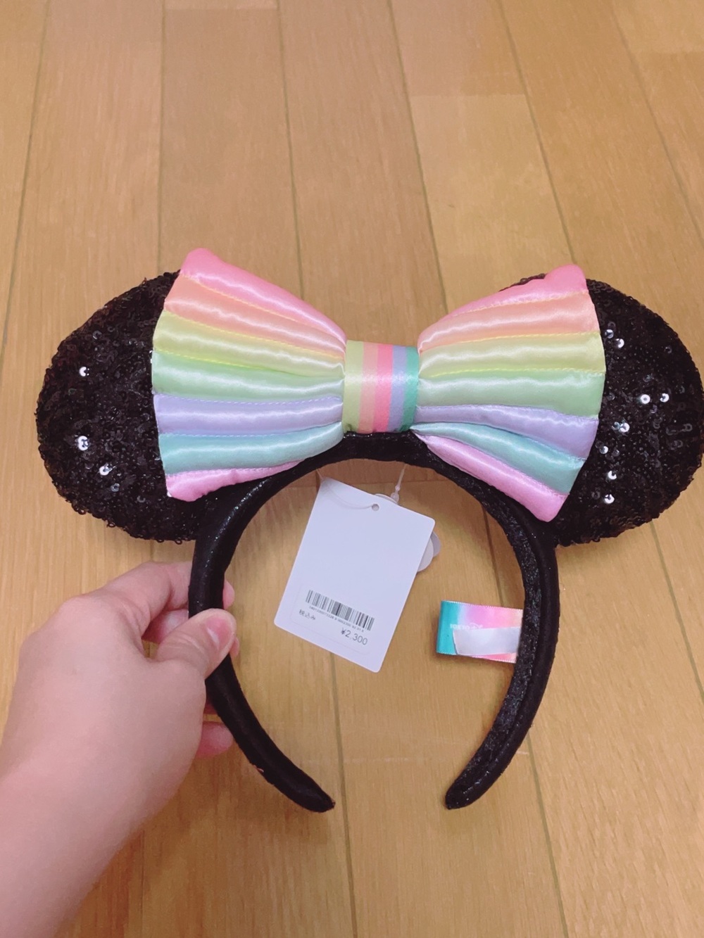 Tokyo Disneyland Black Sequin Ear Headband with Pastel Rainbow Bow